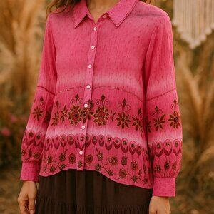 Vintage Y2K Sheer Pink Sequin Floral Blouse Top Size XL Boho Hippie Fairycore